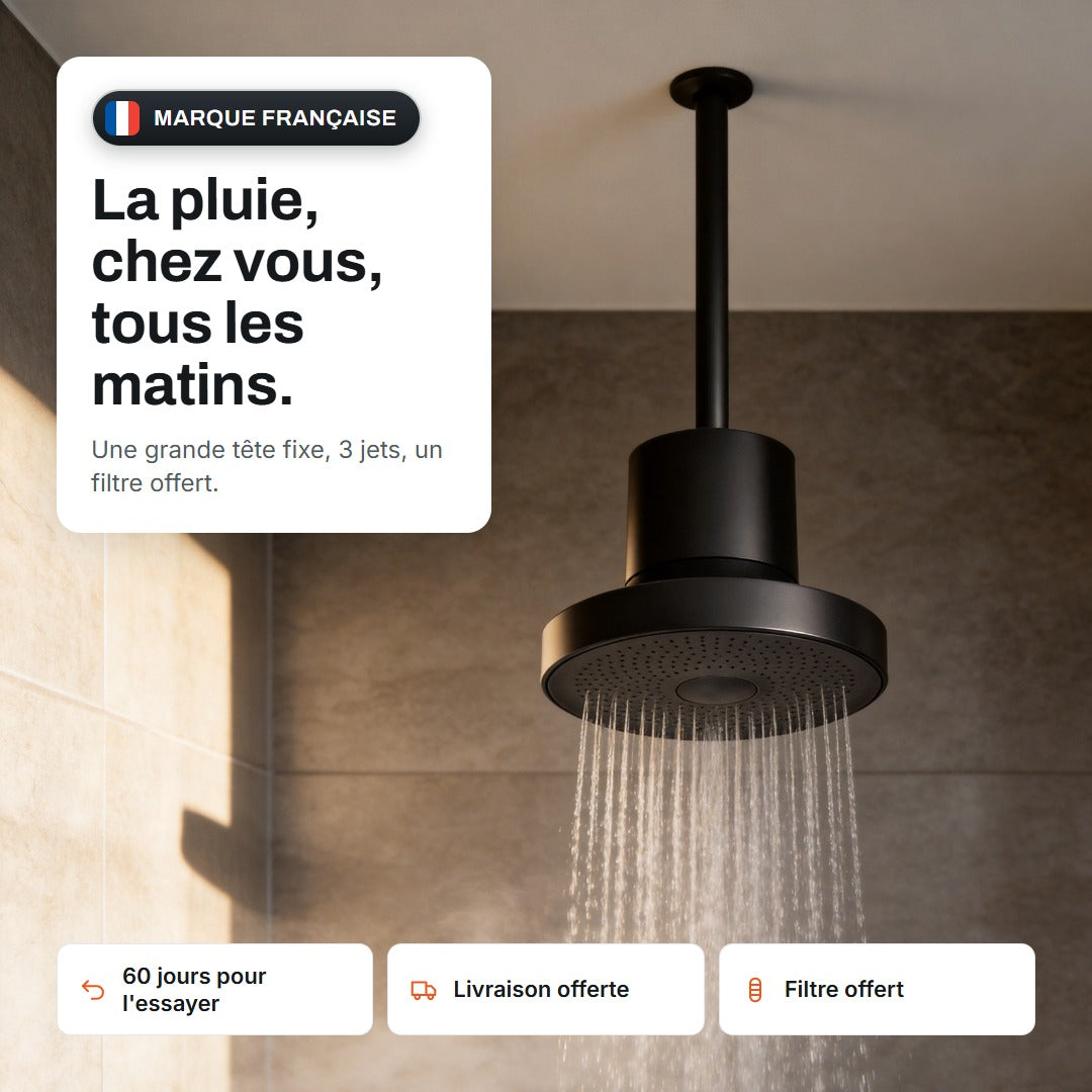 Tête de douche pluie Ellmin noir mat en marche dans une douche